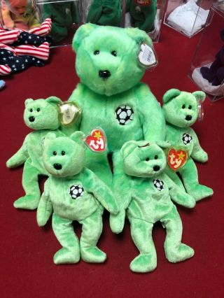 Ty Beanie Babies Green Kicks Soccer Teddy Bear 8 " And Beanie Buddy