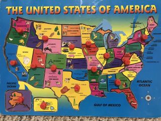 Vintage Wood Inlaid Map Puzzle Of The United States With State Capitals - 12”x9”