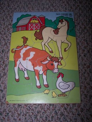 Vintage 1987 Golden Wooden Frame Tray 9 - Piece Puzzle Farm Animals 4186b