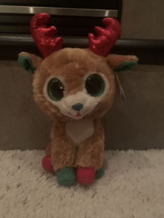 Ty Beanie Boo Alpine Christmas Reindeer Glitter Eyes Red Antlers 6 " Creased Tag
