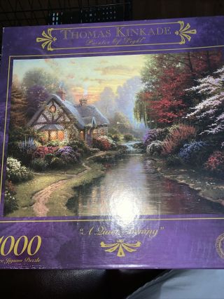 Thomas Kinkade " A Quiet Evening " 1000 Pc Puzzle Complete Cottage River Fantasy