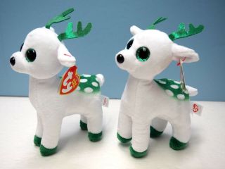 2 Ty Plush Beanie Babies Green And White " Peppermint " Reindeer