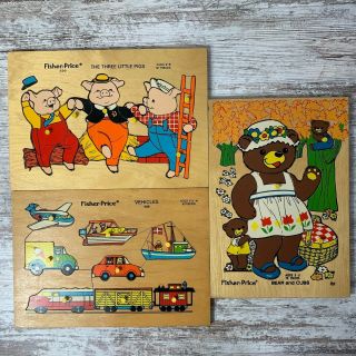 3 Vintage Fisher Price Wooden Peg Puzzles “bear And Cubs,  506″ /” The Three Litt
