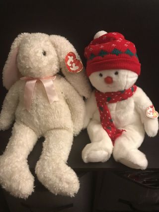 Two Ty Beanie Babies.  Curly Bunny.  Snowboy.