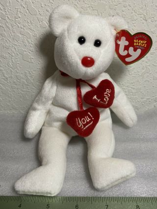 Ty Beanie Baby Christmas Holiday Stuffer I Love You Hearts Truly White Bear
