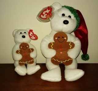 Ty Goody Christmas Bear With Gingerbread Man Beanie Baby Babies & Jingle 2pc Set
