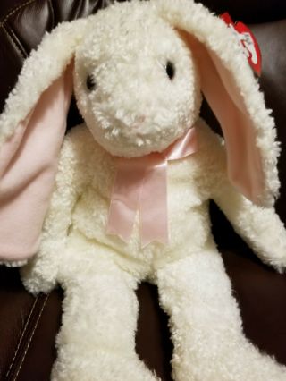 Vintage Ty Classic Curly White Bunny Rabbit Plush 18” Beanie 1991 - Ticket On Ty