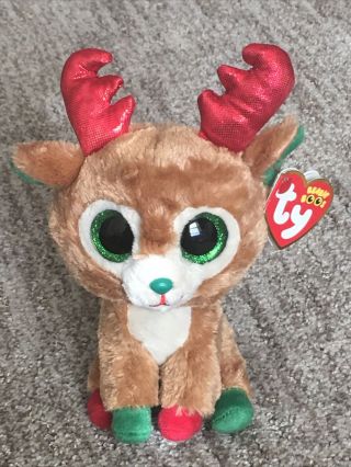 Ty Beanie Boos Alpine 6 " Reindeer Deer Christmas Red Antler Green Nose With Tag
