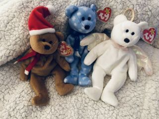 Vintage Ty Beanie Babies Christmas 3 Holiday Teddy Bears Retired