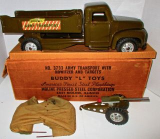 Vintage Buddy L Army Transport Truck W/ Cannon & Cover -,  - Iob