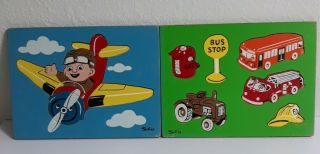 2 Vintage Playskool Sifo Wooden Puzzles Airplane,  Fire Truck,  Tractor,  Bus Cute