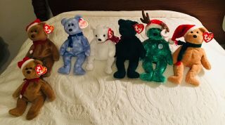 Ty Beanie Baby Bear 1997 1999 2000 2001 2002 2003 Holiday Teddy Set Of 7
