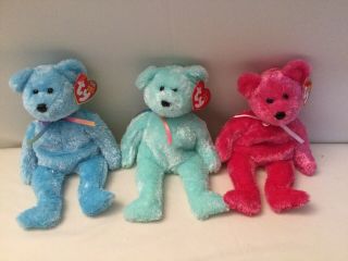Ty Retired & Rare Sherbet In Bright Pink - Green & Blue Bear Beanie Babies