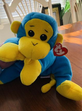 Ty Beanie Baby Pillow Pal Swinger Blue Yellow Plush Monkey 1998 15”