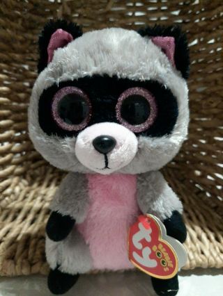 Ty Beanie Boos Rocco,  Grey/pink Raccoon,  Sparkly Pink Eyes,  6 In,  With Tags
