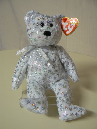 Ty Beanie Baby The Beginning Plush White Bear With Silver Stars 2000 Star
