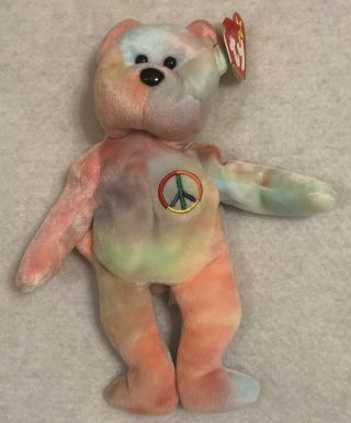 Retired 1996 Ty Beanie Baby Peace Nwt 8” Tie - Dye Bear