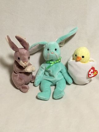Trio Of 8” Ty Easter Spring Beanie Babies Bunny Rabbit Chick Plush