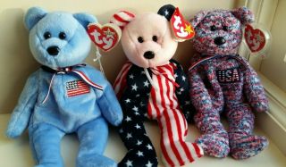 Bundle Of 3 Ty Beanie Baby Teddy Bears United States Of America Usa Theme