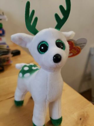 Ty Beanie Babies Peppermint Christmas Green Eyes Reindeer 6 " Plush W/ Tags