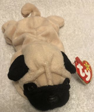 Retired 1996 Ty Beanie Baby Pugsly Nwt 8” Pug Dog With Sad Eyes