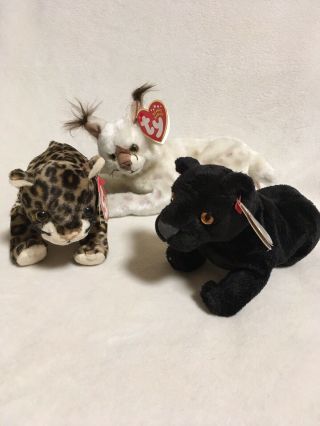 Trio Of 8” Ty Big Cats Beanie Babies Leopard Panther Lynx Plush