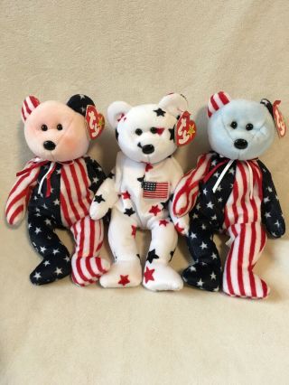 Trio 8” Ty Patriotic Usa Beanie Babies Spangle Blue Pink Glory Teddy Bear Plush