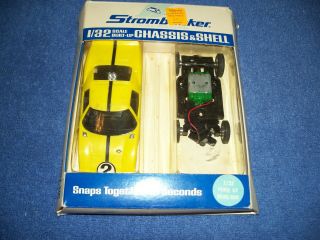 Vintage Strombecker 9520 Chassis & Shell Yellow Ford Gt 1/32 Scale Slot Car