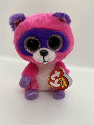 Ty Beanie Boo Roxie The Raccoon Plush 6 " Stuffed Animal Pink Glitter Eyes 7