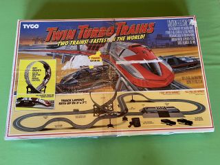 Vintage Tyco Twin Turbo Trains Set Ho Scale Slot Car Train Race Track Toy W/ Box