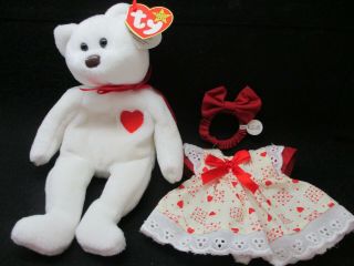 Ty Beanie Baby “valentino” Bear 4058 1993/1994 W/ Valentine Dress &headband