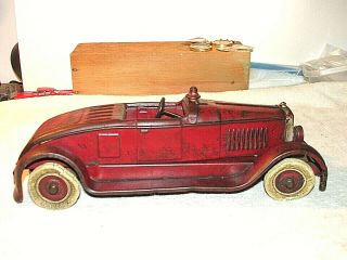 Vintage Kingsbury Fire Chief Coupe Convertible Car Pressed Steel Wind Up Toy 12 "