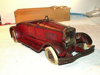 Vintage Kingsbury Fire Chief Coupe Convertible Car Pressed Steel Wind Up Toy 12 