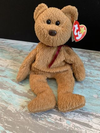 1993 Ty Beanie Babies Baby " Curly " Brown Bear Teddy With Hang Tags