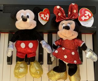 Disney Sparkle Ty Mickey & Minnie Mouse Beanie Babies Red Gold 8” 41058 9” 41099