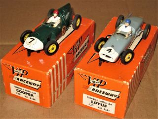 2 Orig’l 1960s Vintage Vip Raceways Uk 1/32 Cooper & Lotus F1 Slot Cars In Boxes
