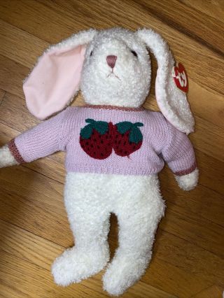 Ty Classic Curly (i’m All Ears) - 18” White Bunny W/ Strawberry Sweater (nmt)