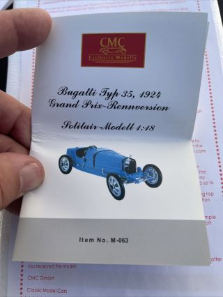 1924 BUGATTI TYPE 35 T35 BLUE 1/18 DIECAST MODEL CAR BY CMC Grand Prix 4