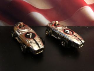 Vintage Aurora Slot Cars T - Jet Indy Racer 2 & 7 Silver W/ Driver