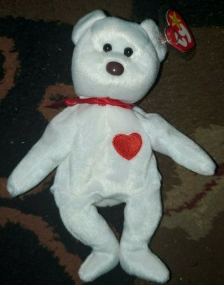 Ty Beanie Baby Valentino The White Teddy Bear Mwmts Stuffed Animal Pvc Pellets