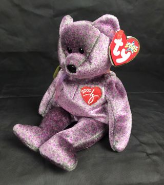 Ty Beanie Baby 2000 SIGNATURE Teddy Bear Purple Bean Bag Plush Toy RETIRED 2