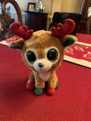 Retired Ty Beanie Boo Alpine Christmas Reindeer W/glitter Eyes Red Antlers 6 "