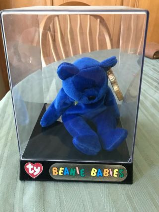 Ty Beanie Baby Bear Clubby Official Club 1998 Royal Blue In Display Case