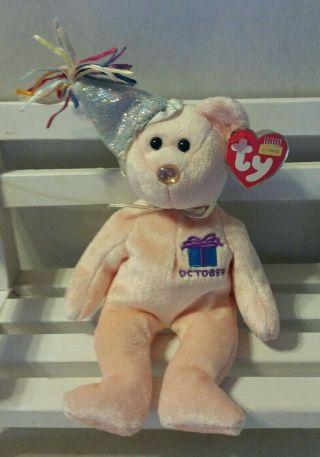 Ty Beanie Baby - October The Birthday Bear W/party Hat Stuffed Animal Toy.