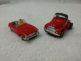Vintage Aurora Red Mercedes And Tow Truck/ T Jet - Vibrator H O Slot Cars
