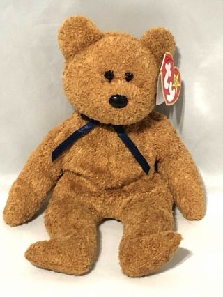 Ty Beanie Babies Fuzz 1999 Golden Brown Bear Blue Ribbon Retired