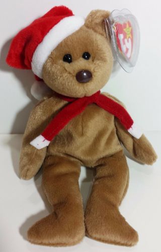 Ty Beanie Babies " 1997 Holiday Teddy " Christmas Bear - Mwmt Retired Santa Hat