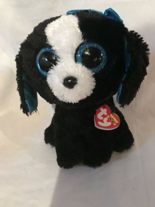 Ty Beanie Boo 6 " Black And White Dog Tracey Blue Bow Hang Tag Glitter Eyes