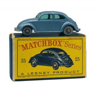Matchbox Lesney Volkswagen Sedan No 25,  Blue Beetle Bug,  Gray Wheels W/ D Box