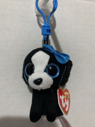 Ty Beanie Boos 3.  5 " Tracey The Black Blue Bow Dog Key Chain Clip